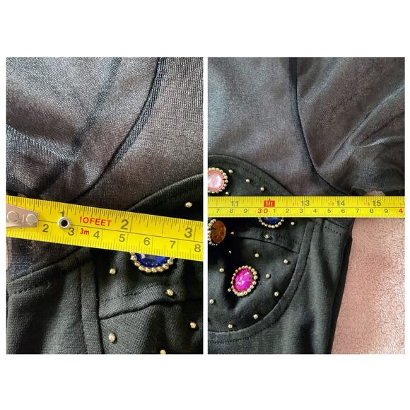 Vtg 90’s Black Sheer Crotch Snap Bodysuit Embellished Jewels Dance Stretch Med. - Picture 10 of 16